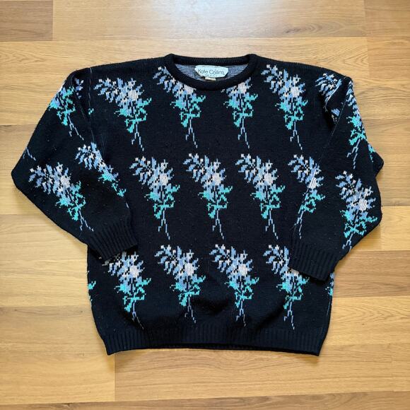 Kate Collins Sweaters - Women's Vintage 80's Kate Collins Black Floral Knit Pullover Crewneck Sweater S